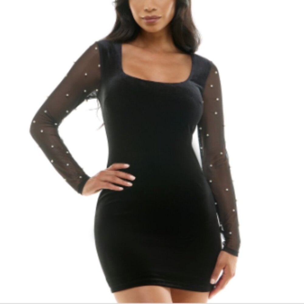 City Studios Juniors' Embellished-Sleeve Velvet Bodycon Dress - Black